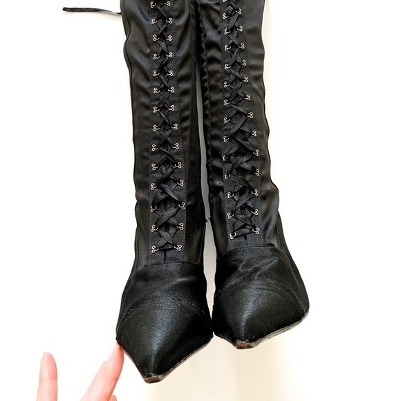 Black Satin Corset Lace-up Heeled Boots Sidezip 8 - Picture 8 of 15